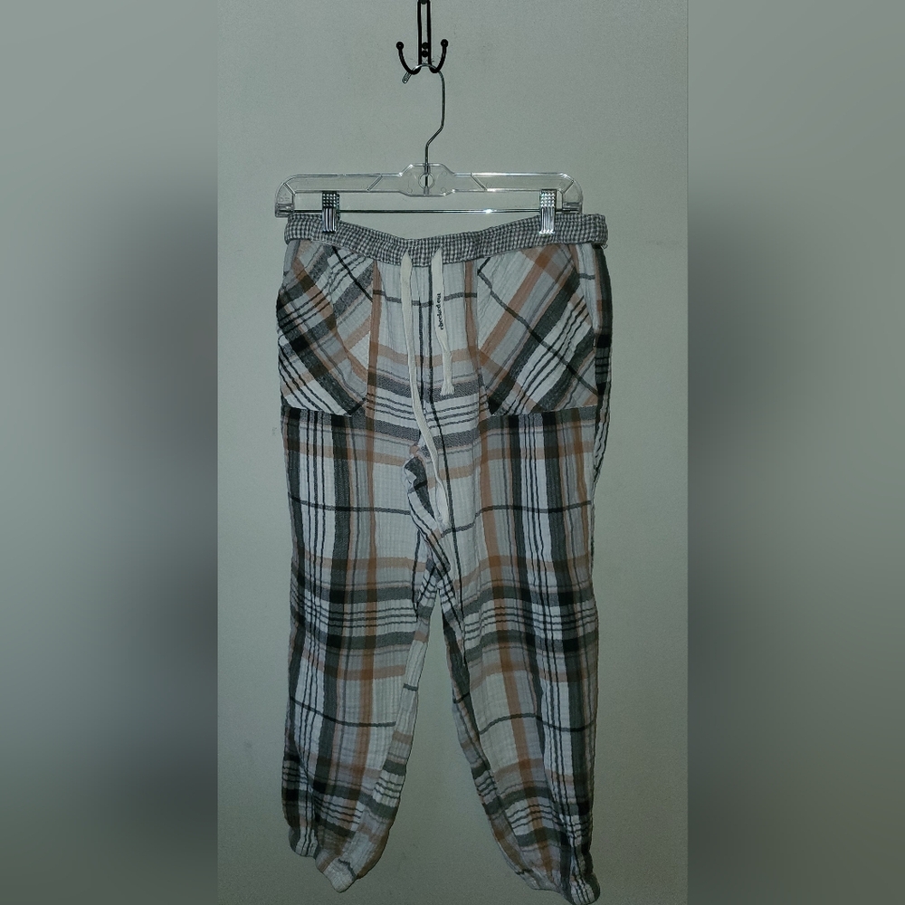 aerie Womens  Plaid Drawstring Joggers in White, Blue & Rust